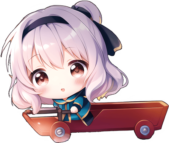 A cute anime chibi girl sits in a red trolley vehicle