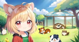 A cute chibi girl standing in a zoo with animals