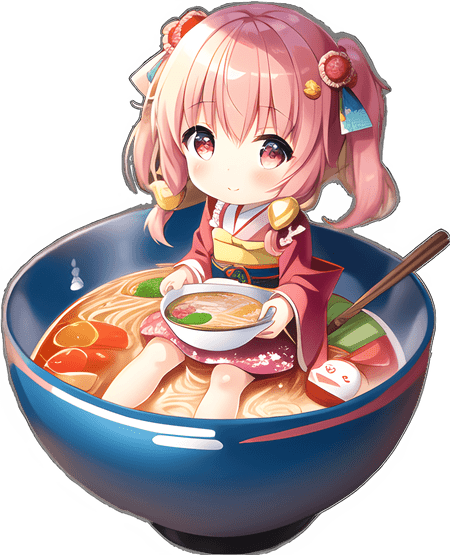 A cute girl sitting in a Japanese Ramen bowl