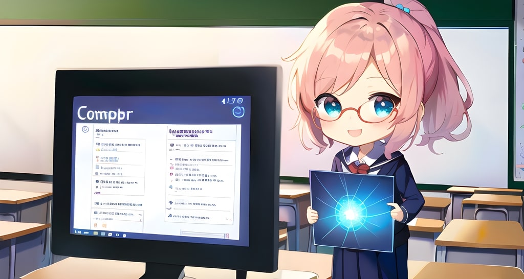 A cute and smart anime teacher girl explains Stable Diffusion and neuronal networks in front of a computer.