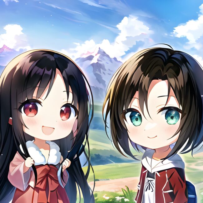 Kaguya Shinomiya and Mikasa Ackerman as chibi girls on a beautiful mountain trail