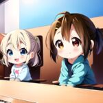 A group of chibi anime girls from K-on! are enjoying music in their sound studio.