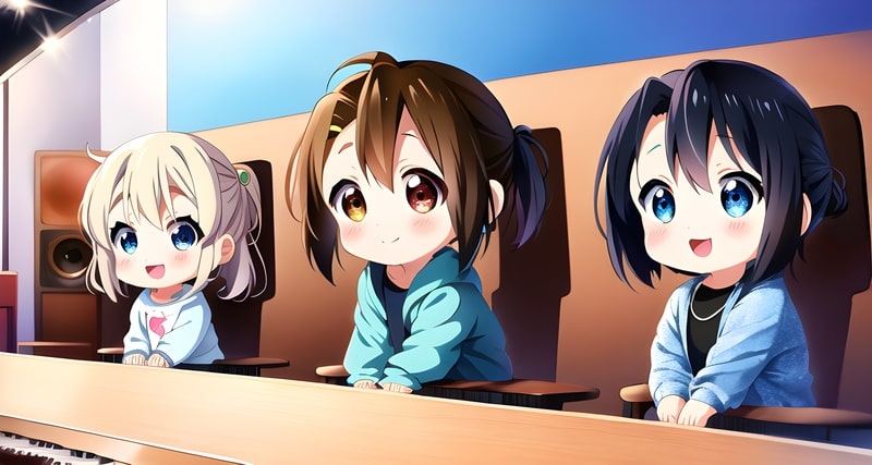 A group of chibi anime girls from K-on! are enjoying music in their sound studio.