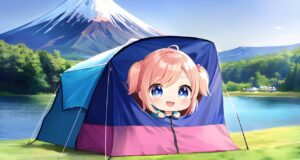 A cute anime chibi girl looking out of her tent while camping at mount Fuji.