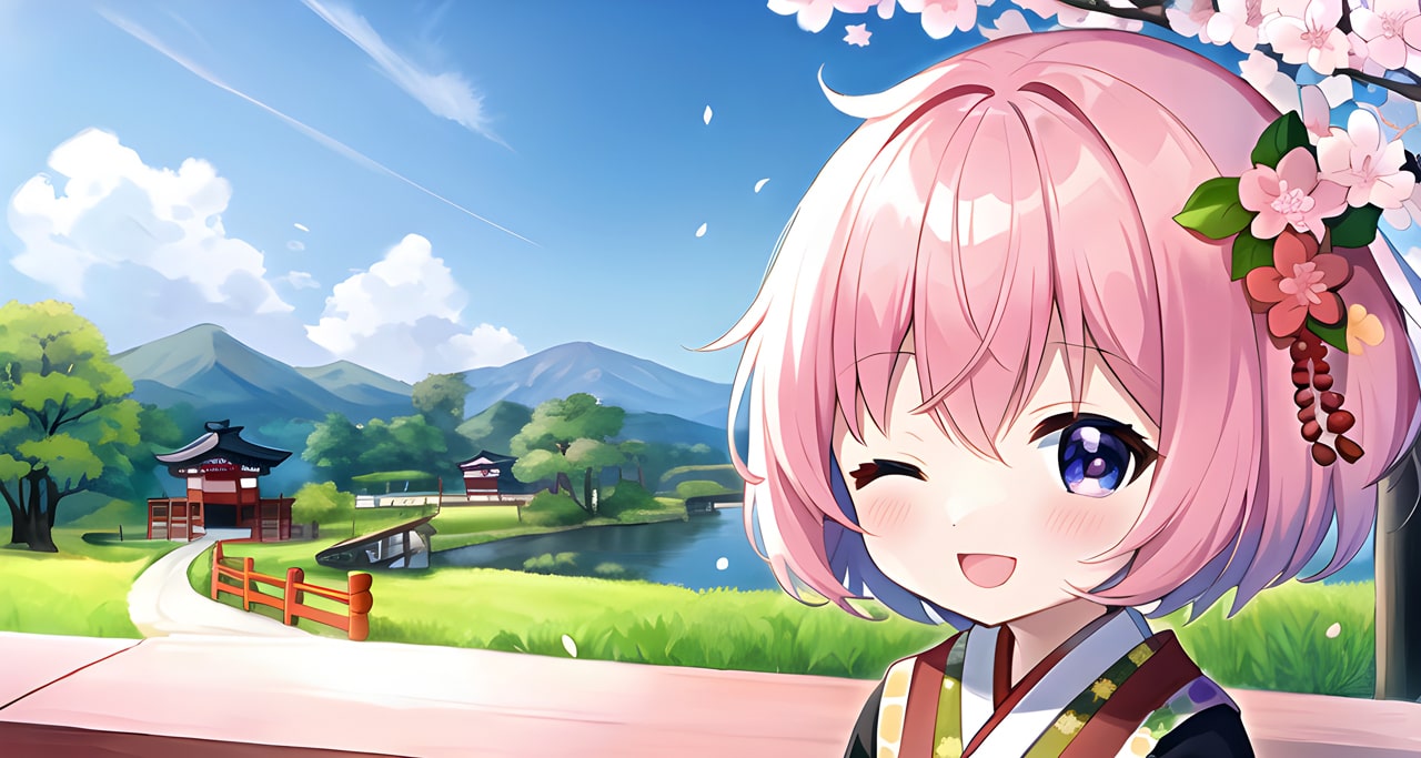 A cute anime girl with pink hair celebrates the cherry blossom (sakura) in a rural village.
