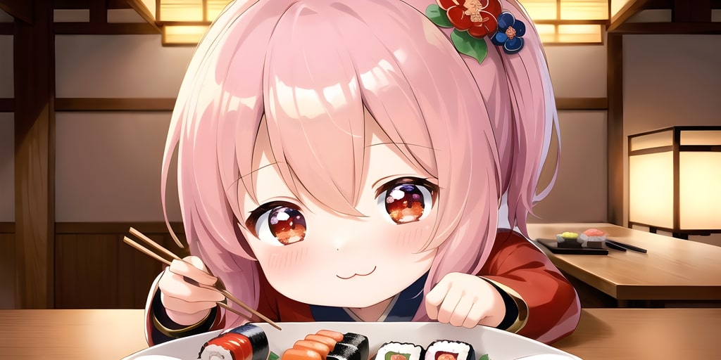 A cute chibi anime girl with pink hair wearing traditional Japanese clothes (kimono) eating sushi with chopsticks in a sushi restaurant
