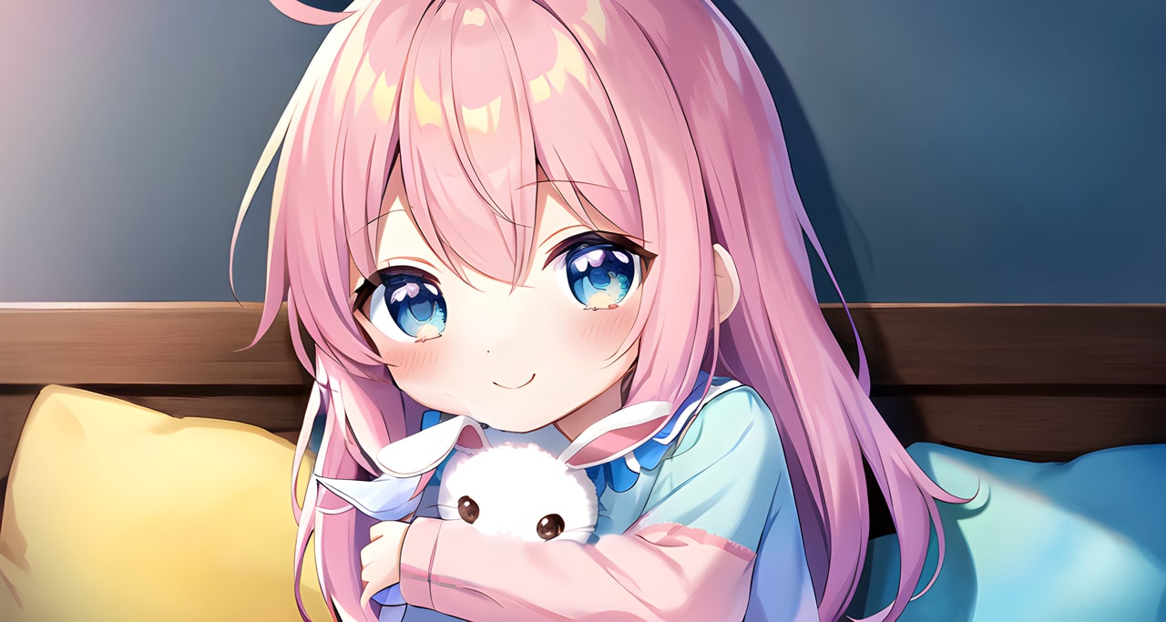 A cute anime girl in her pajamas cuddles her bunny plush.