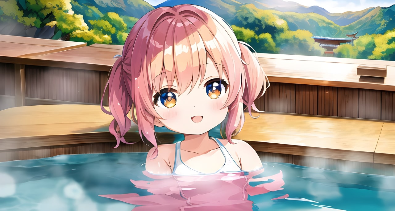 A cute anime girl taking a bath in a japanese onsen with a scenic view to the surrounding nature.