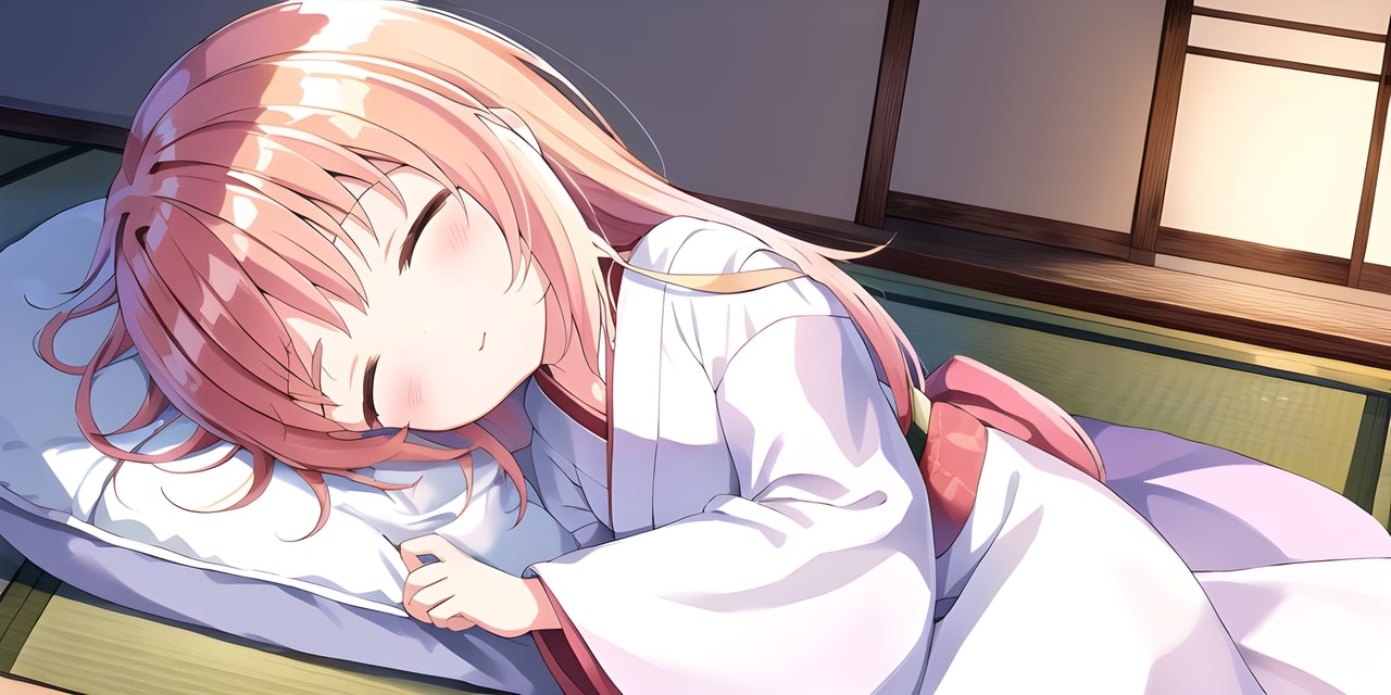 A cute chibi anime girl with pink hair sleeping peacefully on a traditional japanese futon.