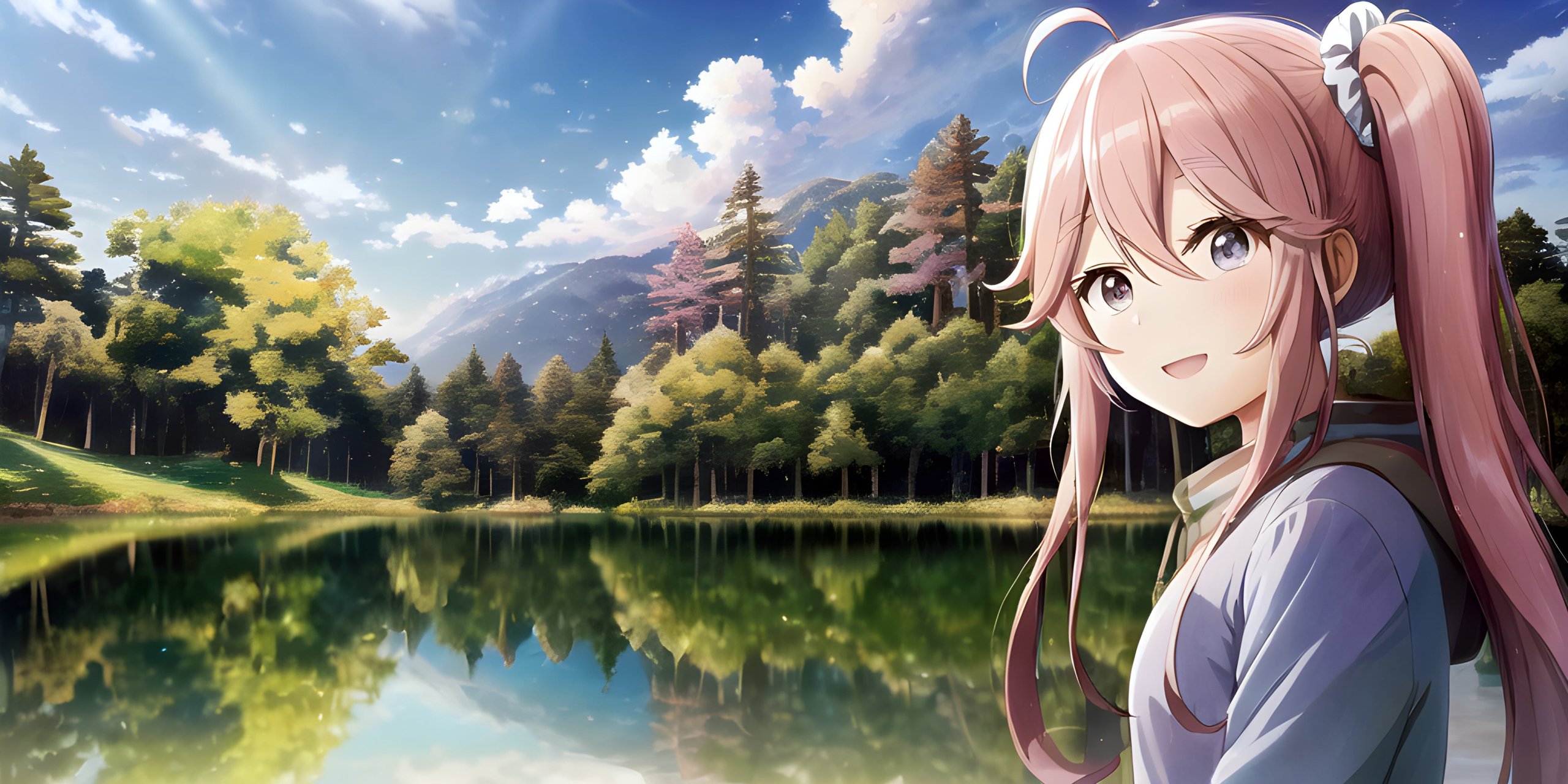 A young anime girl explores the outdoors and spends time at a beautiful lake in the forest. 🌲🌳