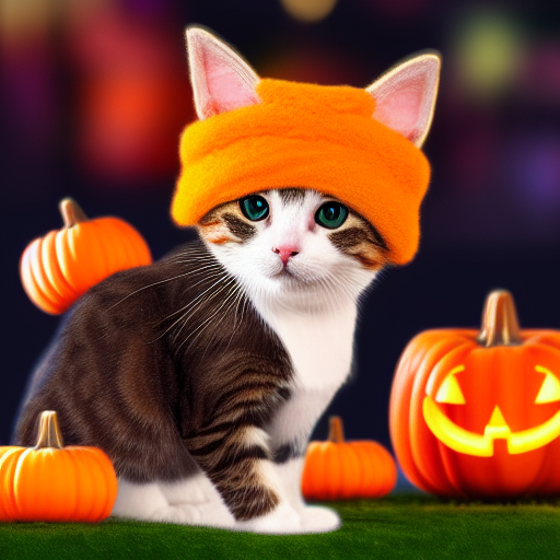 A cute kitten cat wearing an orange hat next to a pumpkin for Halloween.