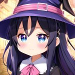 A cute and smol chibi anime witch wearing a large purple witch hat strolls through a medieval city in the morning.