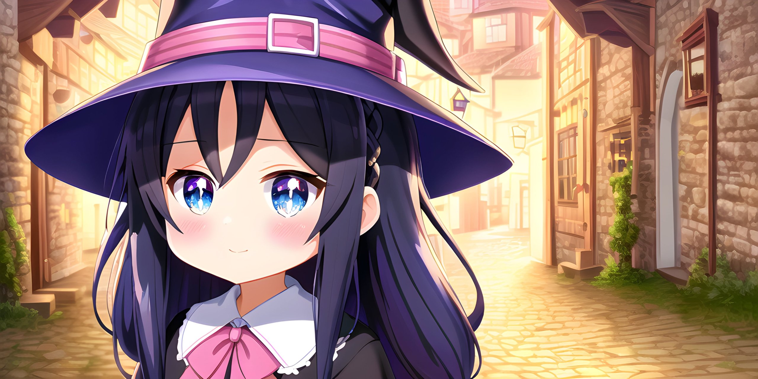 A cute and smol chibi anime witch wearing a large purple witch hat strolls through a medieval city in the morning.